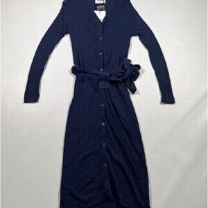 Moussy Navy Ribbed Button-Front Belted Long Sleeve Maxi Dress